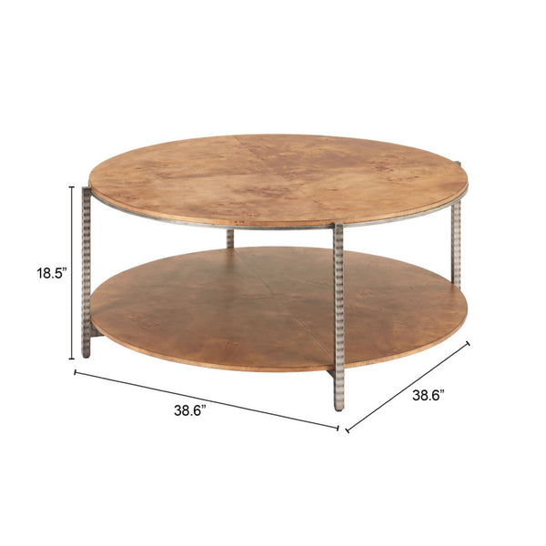 HomeRoots 39" Round Brown Wood and Steel Coffee Table – Modern Industrial Design for Living Rooms & Offices 632691