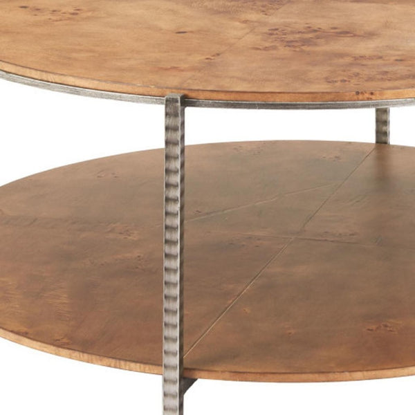 HomeRoots 39" Round Brown Wood and Steel Coffee Table – Modern Industrial Design for Living Rooms & Offices 632691