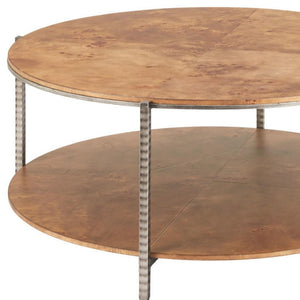 HomeRoots 39" Round Brown Wood and Steel Coffee Table – Modern Industrial Design for Living Rooms & Offices 632691