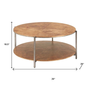 HomeRoots 39" Round Brown Wood and Steel Coffee Table – Modern Industrial Design for Living Rooms & Offices 632691