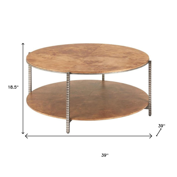 HomeRoots 39" Round Brown Wood and Steel Coffee Table – Modern Industrial Design for Living Rooms & Offices 632691