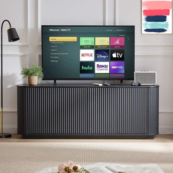 English Elm Sideboard Black 64" x15" x24" TV Stand Buffet Cabinet with Wave Pattern Curved Edges Press-Open W1162P295361