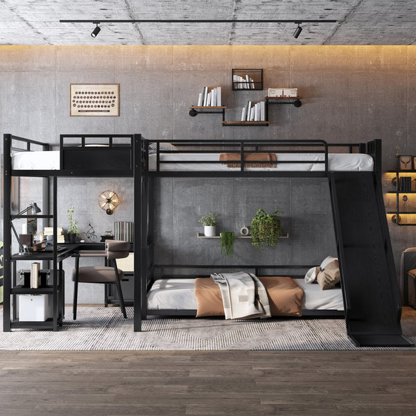 English Elm L-Shaped Metal Bunk Bed With Slide, Twin Loft, Desk & Storage Shelves - Space-Saving Design In Black! W1580S00278