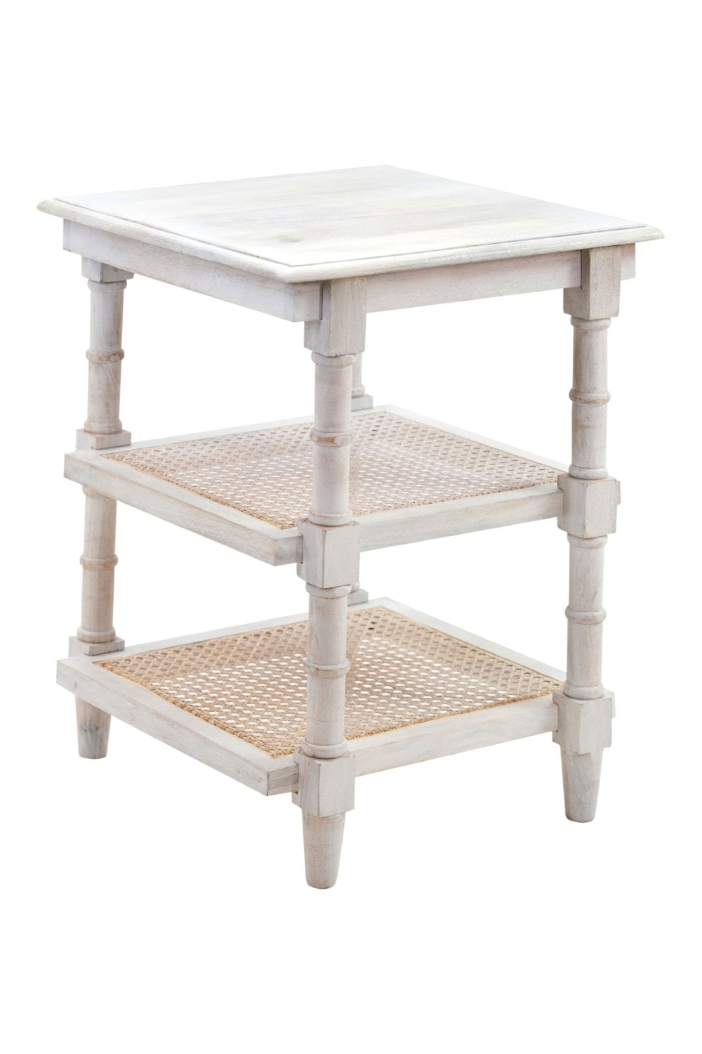 HomeRoots 24" Antiqued White Solid Wood End Table with Two Open Shelves for Stylish Storage & Display 632711