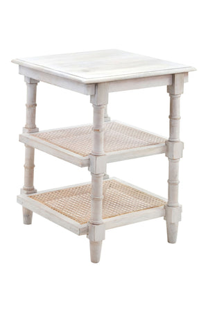 HomeRoots 24" Antiqued White Solid Wood End Table with Two Open Shelves for Stylish Storage & Display 632711