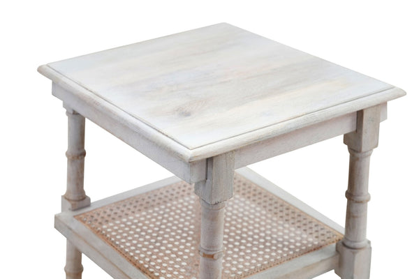 HomeRoots 24" Antiqued White Solid Wood End Table with Two Open Shelves for Stylish Storage & Display 632711