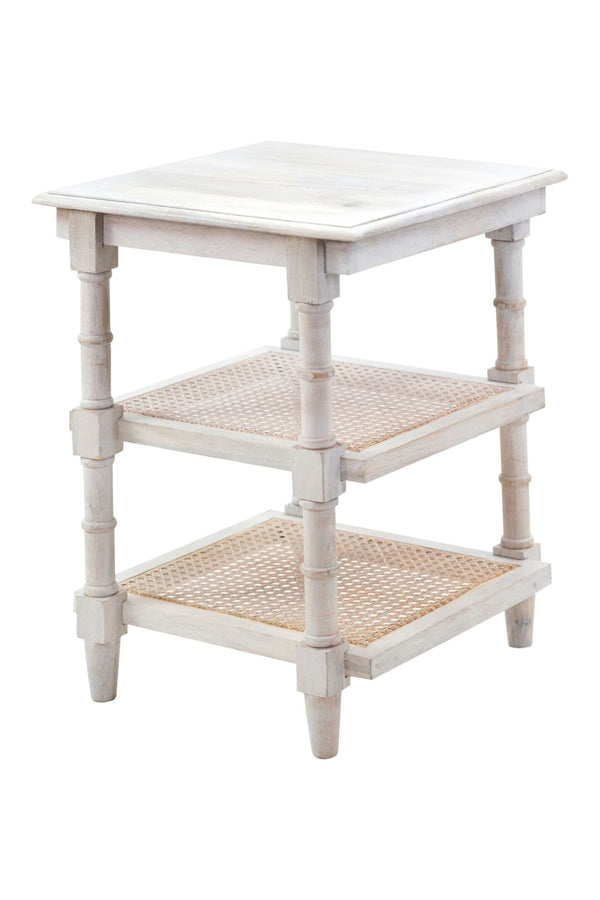 HomeRoots 24" Antiqued White Solid Wood End Table with Two Open Shelves for Stylish Storage & Display 632711