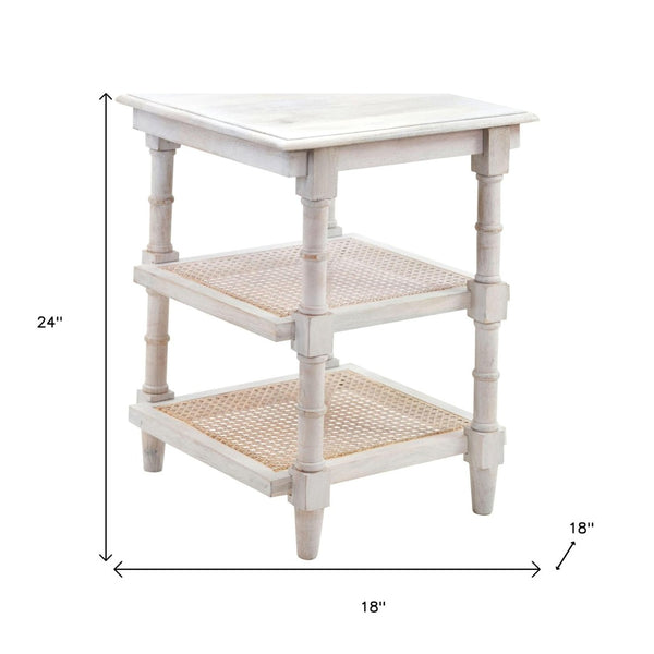 HomeRoots 24" Antiqued White Solid Wood End Table with Two Open Shelves for Stylish Storage & Display 632711