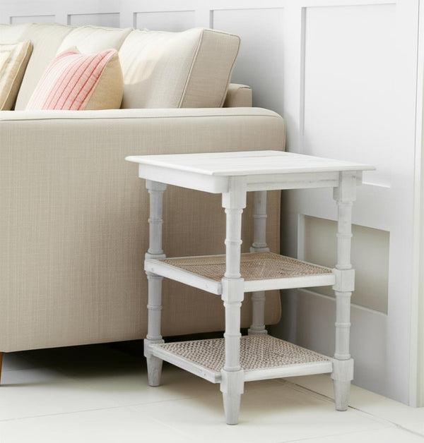HomeRoots 24" Antiqued White Solid Wood End Table with Two Open Shelves for Stylish Storage & Display 632711