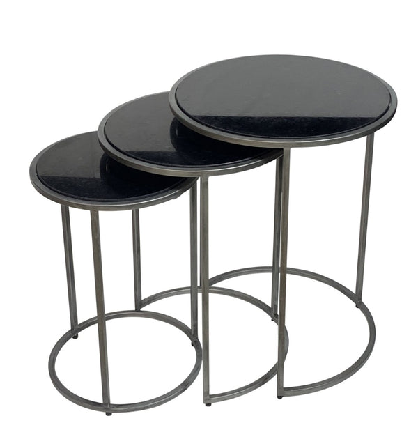 HomeRoots Set of Three Elegant Black Marble and Gray Iron Nested Round Tables for Modern Living Spaces 632712