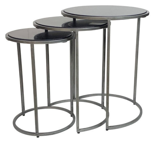 HomeRoots Set of Three Elegant Black Marble and Gray Iron Nested Round Tables for Modern Living Spaces 632712