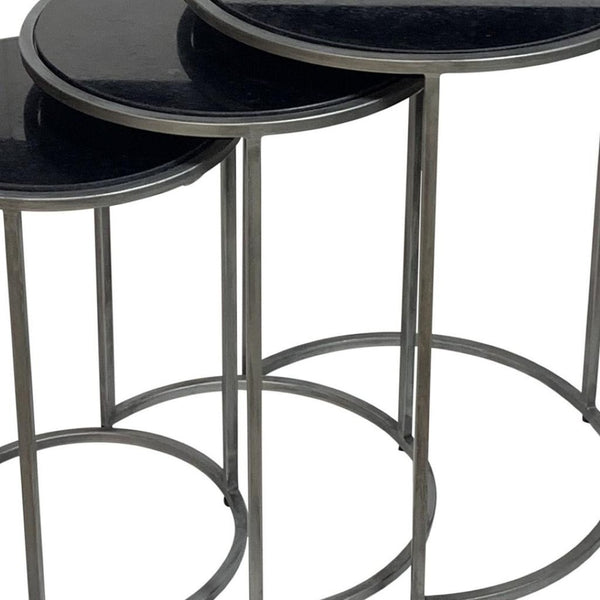 HomeRoots Set of Three Elegant Black Marble and Gray Iron Nested Round Tables for Modern Living Spaces 632712