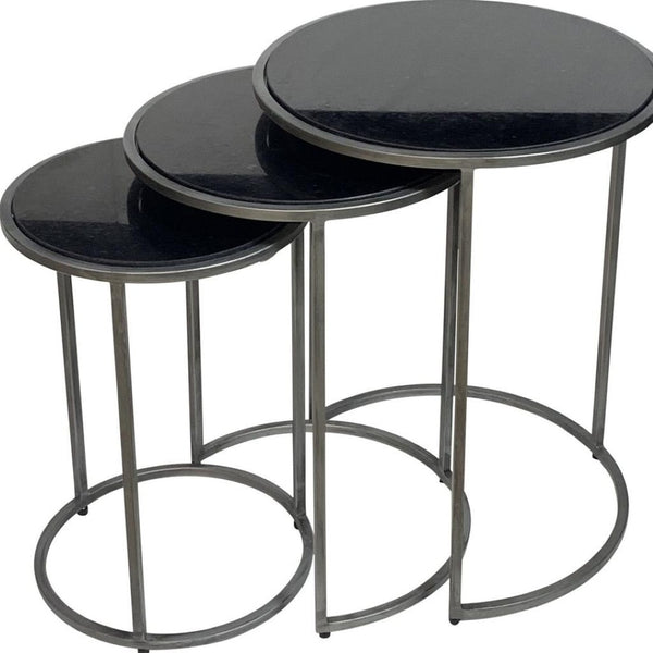 HomeRoots Set of Three Elegant Black Marble and Gray Iron Nested Round Tables for Modern Living Spaces 632712