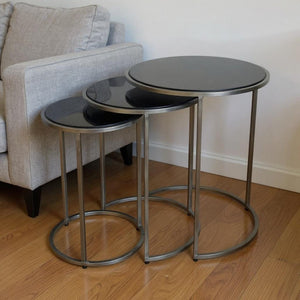 HomeRoots Set of Three Elegant Black Marble and Gray Iron Nested Round Tables for Modern Living Spaces 632712