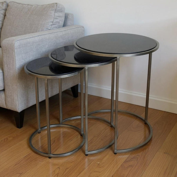 HomeRoots Set of Three Elegant Black Marble and Gray Iron Nested Round Tables for Modern Living Spaces 632712