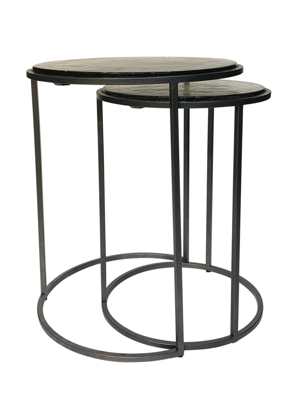 HomeRoots Set of Two Modern Clear Glass and Gunmetal Iron Nested Tables for Stylish Living Spaces 632713