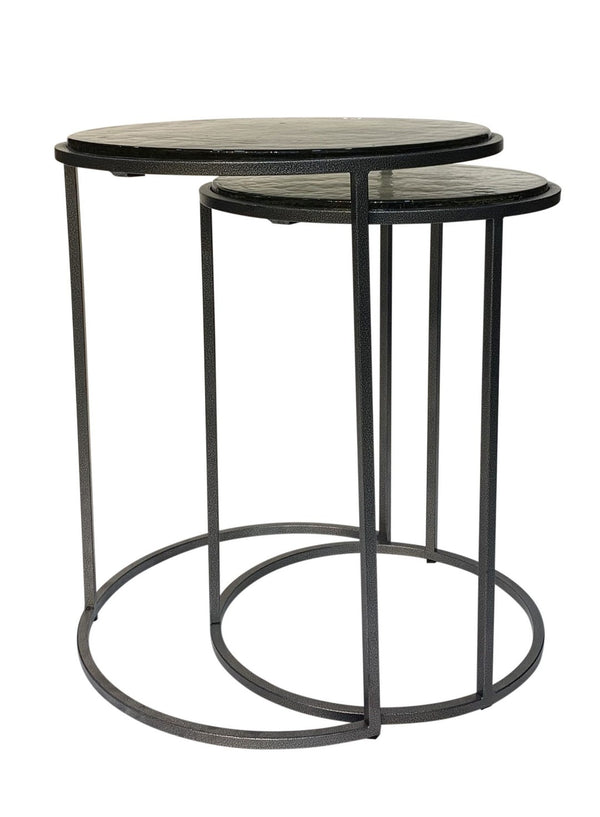 HomeRoots Set of Two Modern Clear Glass and Gunmetal Iron Nested Tables for Stylish Living Spaces 632713