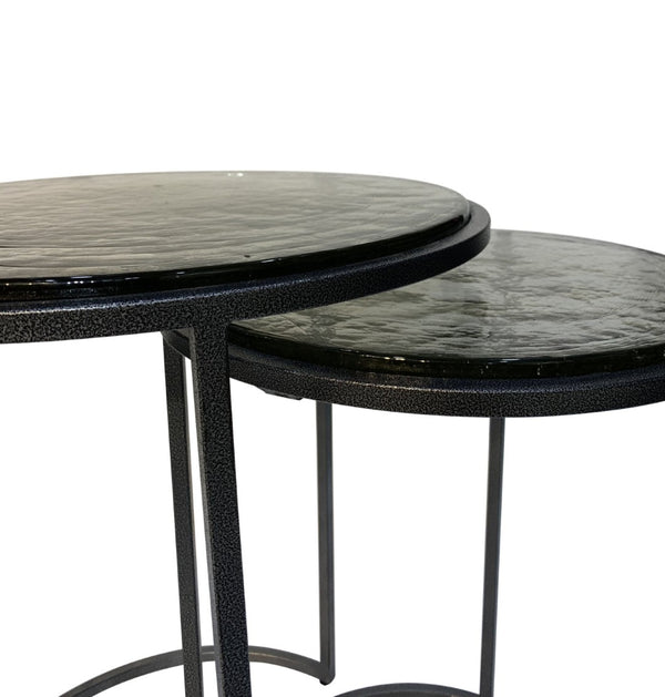 HomeRoots Set of Two Modern Clear Glass and Gunmetal Iron Nested Tables for Stylish Living Spaces 632713