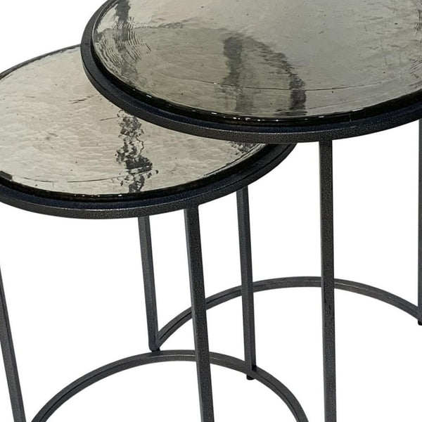 HomeRoots Set of Two Modern Clear Glass and Gunmetal Iron Nested Tables for Stylish Living Spaces 632713