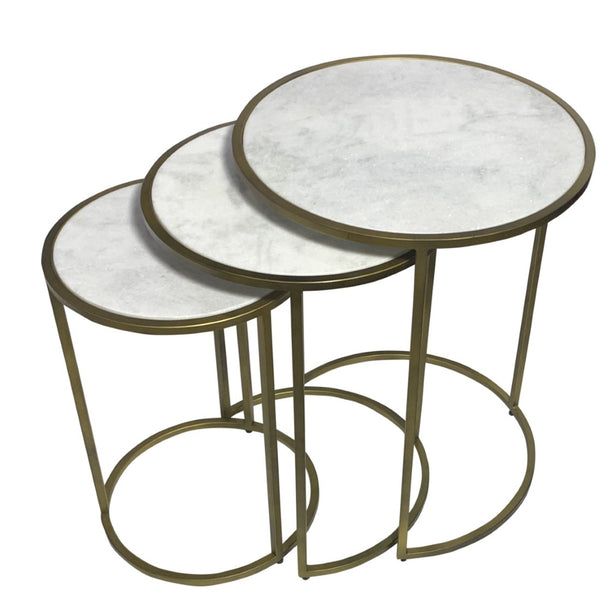 HomeRoots Set of Three Elegant White Marble and Antiqued Gold Nested Tables for Stylish Living Spaces 632714