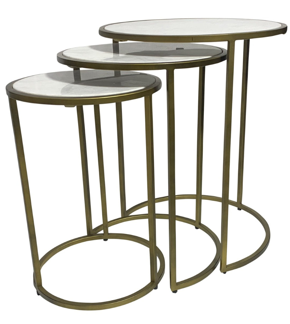 HomeRoots Set of Three Elegant White Marble and Antiqued Gold Nested Tables for Stylish Living Spaces 632714