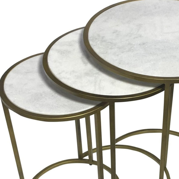 HomeRoots Set of Three Elegant White Marble and Antiqued Gold Nested Tables for Stylish Living Spaces 632714