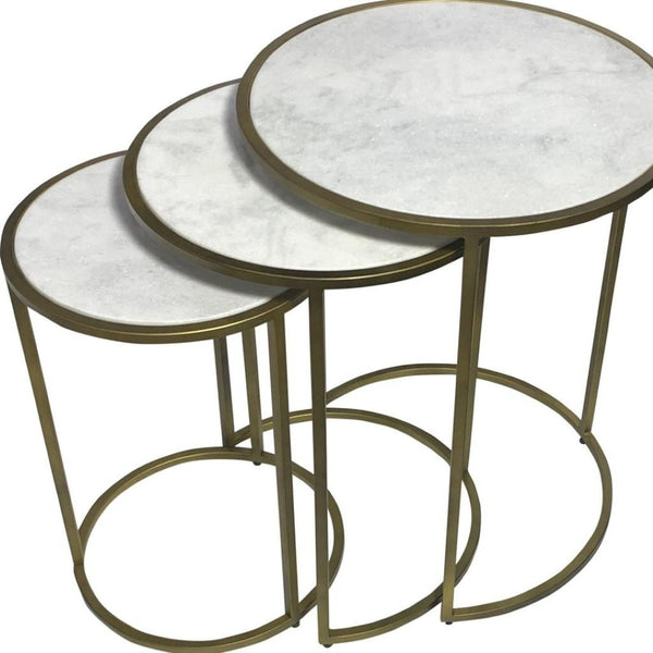 HomeRoots Set of Three Elegant White Marble and Antiqued Gold Nested Tables for Stylish Living Spaces 632714