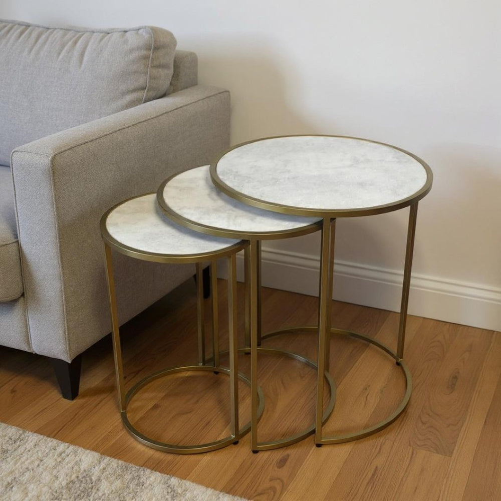 HomeRoots Set of Three Elegant White Marble and Antiqued Gold Nested Tables for Stylish Living Spaces 632714
