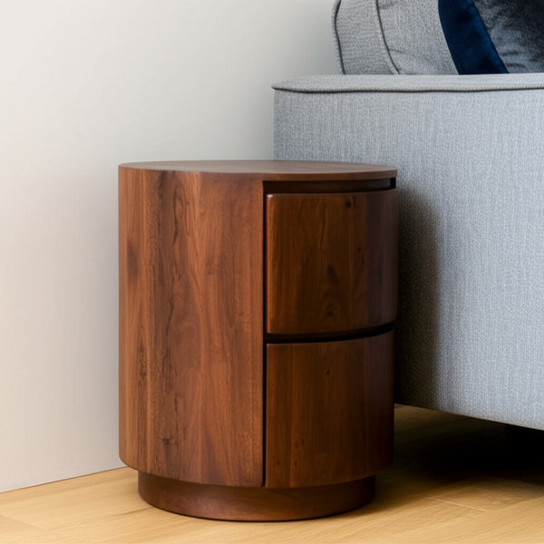 HomeRoots 24" Chestnut Solid Wood Round Drum End Table with Stylish Storage & Modern Design for Any Space 632715