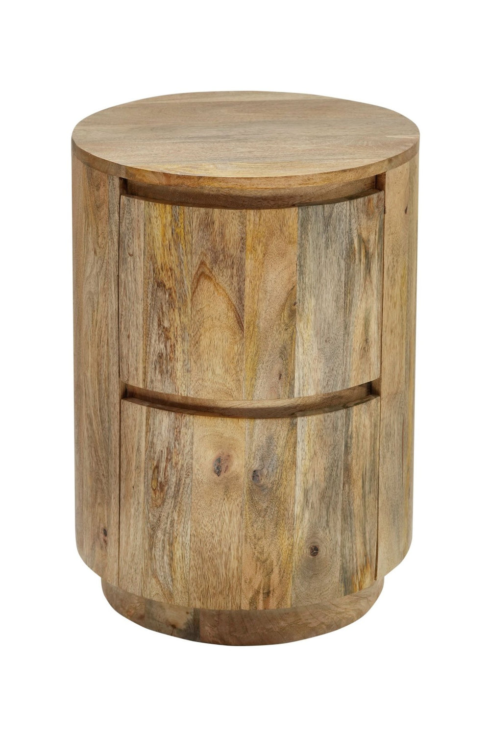 HomeRoots 24" Natural Solid Wood Round Drum End Table with Two Drawers for Stylish Storage & Versatile Use 632716
