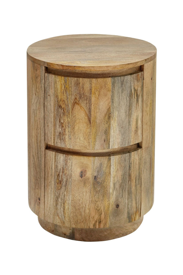 HomeRoots 24" Natural Solid Wood Round Drum End Table with Two Drawers for Stylish Storage & Versatile Use 632716