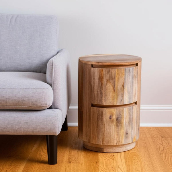 HomeRoots 24" Natural Solid Wood Round Drum End Table with Two Drawers for Stylish Storage & Versatile Use 632716