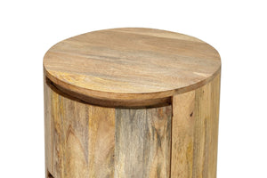 HomeRoots 24" Natural Solid Wood Round Drum End Table with Two Drawers for Stylish Storage & Versatile Use 632716