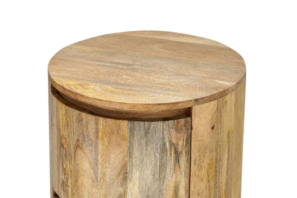 HomeRoots 24" Natural Solid Wood Round Drum End Table with Two Drawers for Stylish Storage & Versatile Use 632716