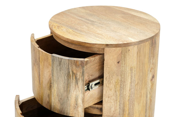 HomeRoots 24" Natural Solid Wood Round Drum End Table with Two Drawers for Stylish Storage & Versatile Use 632716