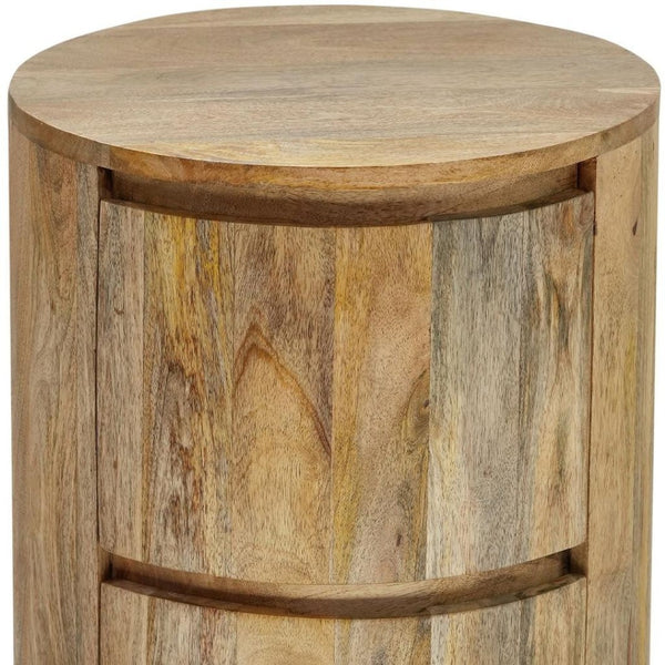 HomeRoots 24" Natural Solid Wood Round Drum End Table with Two Drawers for Stylish Storage & Versatile Use 632716