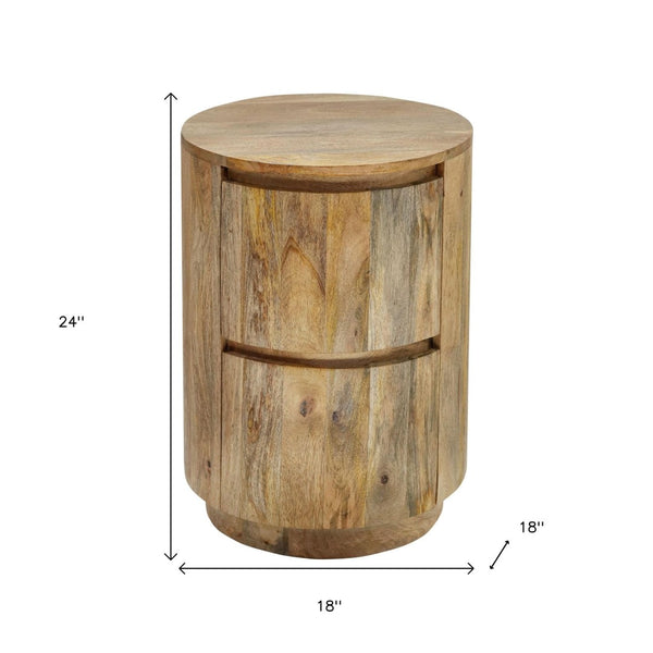 HomeRoots 24" Natural Solid Wood Round Drum End Table with Two Drawers for Stylish Storage & Versatile Use 632716