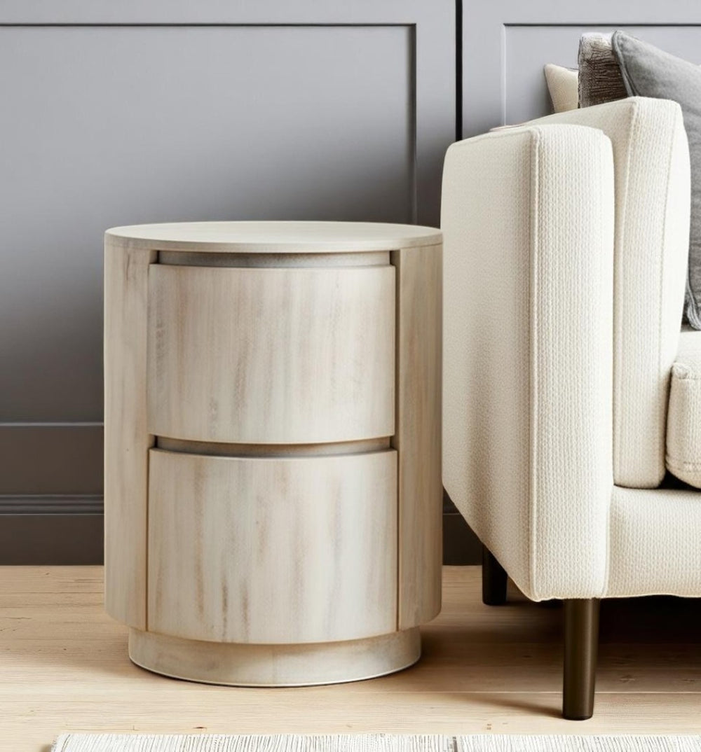 HomeRoots 24" White Solid Wood Round Drum End Table with Two Drawers - Versatile, Coastal-Inspired Accent Piece 632717
