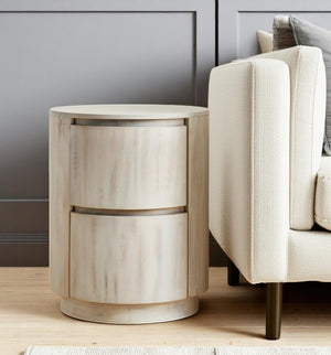 HomeRoots 24" White Solid Wood Round Drum End Table with Two Drawers - Versatile, Coastal-Inspired Accent Piece 632717