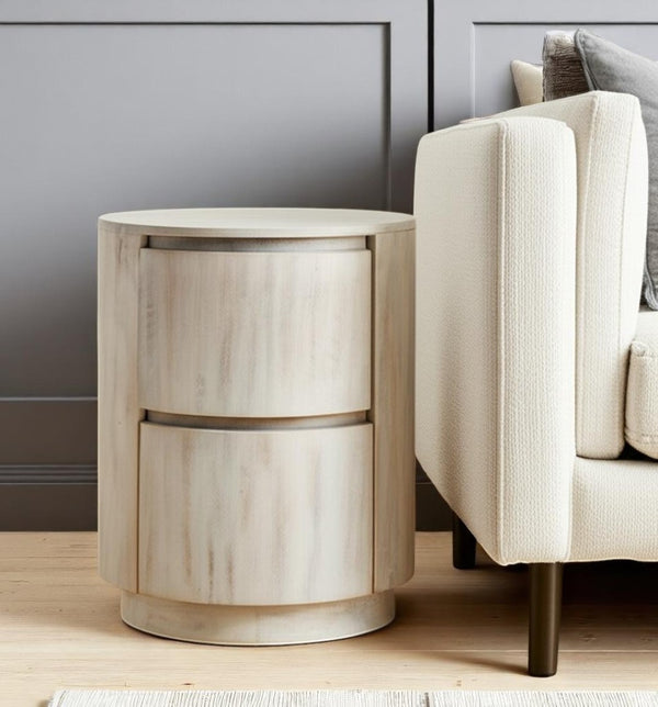 HomeRoots 24" White Solid Wood Round Drum End Table with Two Drawers - Versatile, Coastal-Inspired Accent Piece 632717