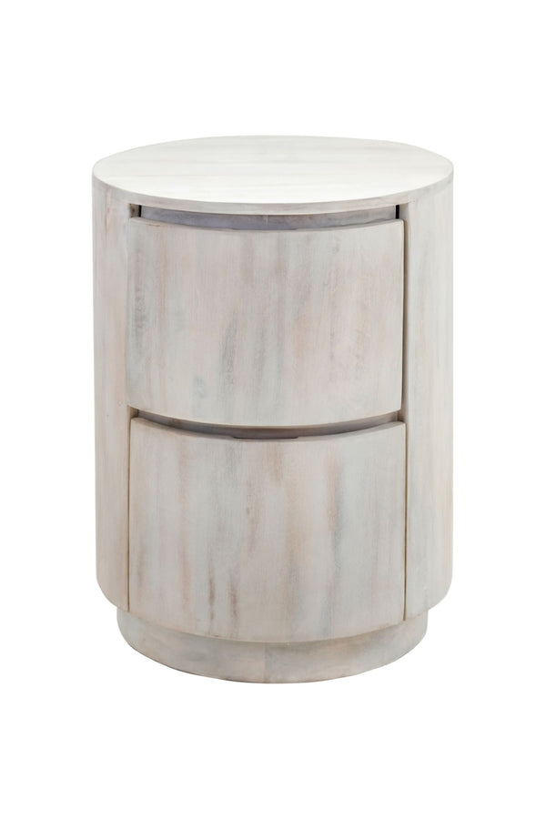 HomeRoots 24" White Solid Wood Round Drum End Table with Two Drawers - Versatile, Coastal-Inspired Accent Piece 632717