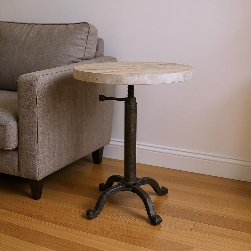 HomeRoots 22" Height Adjustable Round Pedestal End Table with Solid Wood Top and Black Metal Base for Modern Spaces 632719