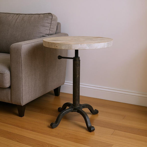 HomeRoots 22" Height Adjustable Round Pedestal End Table with Solid Wood Top and Black Metal Base for Modern Spaces 632719