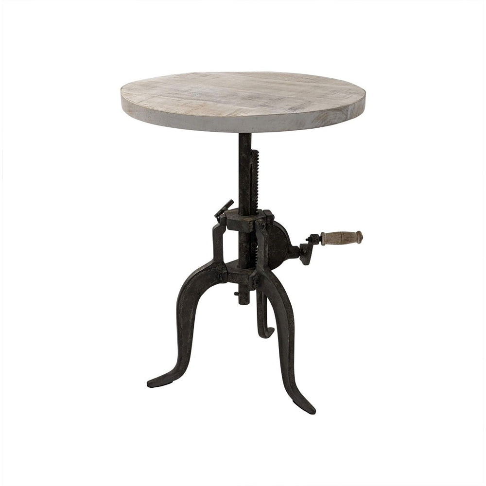 HomeRoots 19" Height Adjustable Round End Table - Natural Wood & Gunmetal Iron, Perfect for Small Spaces! 632723