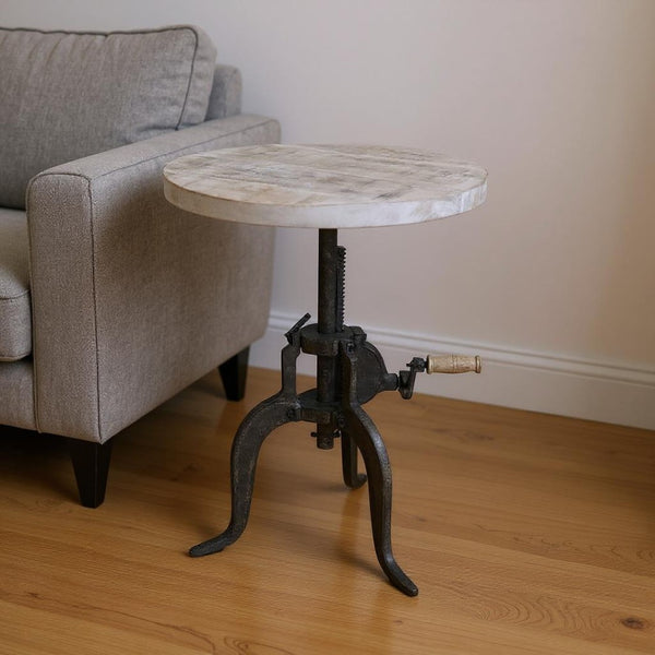 HomeRoots 19" Height Adjustable Round End Table - Natural Wood & Gunmetal Iron, Perfect for Small Spaces! 632723