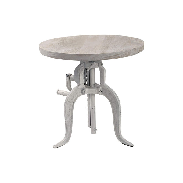 HomeRoots 19" Adjustable Round End Table - Solid White Mango Wood & Iron Base for Modern Living Spaces 632724