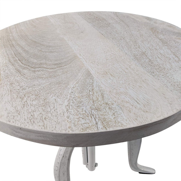 HomeRoots 19" Adjustable Round End Table - Solid White Mango Wood & Iron Base for Modern Living Spaces 632724