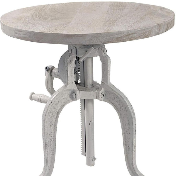 HomeRoots 19" Adjustable Round End Table - Solid White Mango Wood & Iron Base for Modern Living Spaces 632724