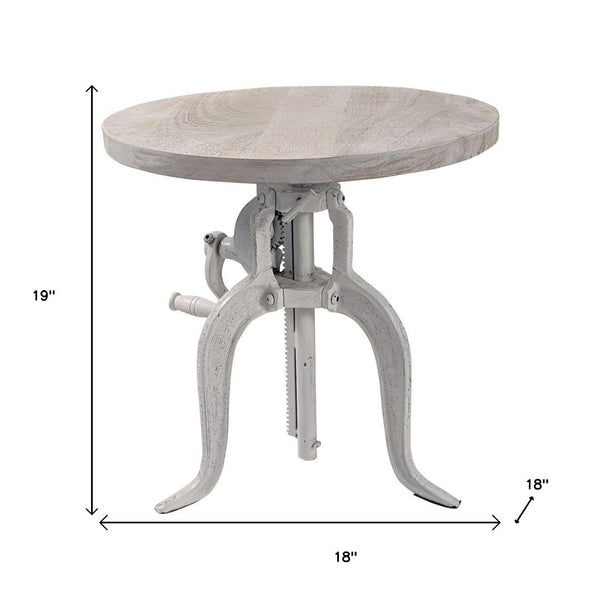 HomeRoots 19" Adjustable Round End Table - Solid White Mango Wood & Iron Base for Modern Living Spaces 632724
