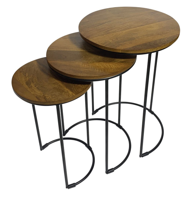 HomeRoots Set of Two Nesting Round Tables with Chestnut Wood Tops & Black Metal Frame for Stylish Living Spaces 632725